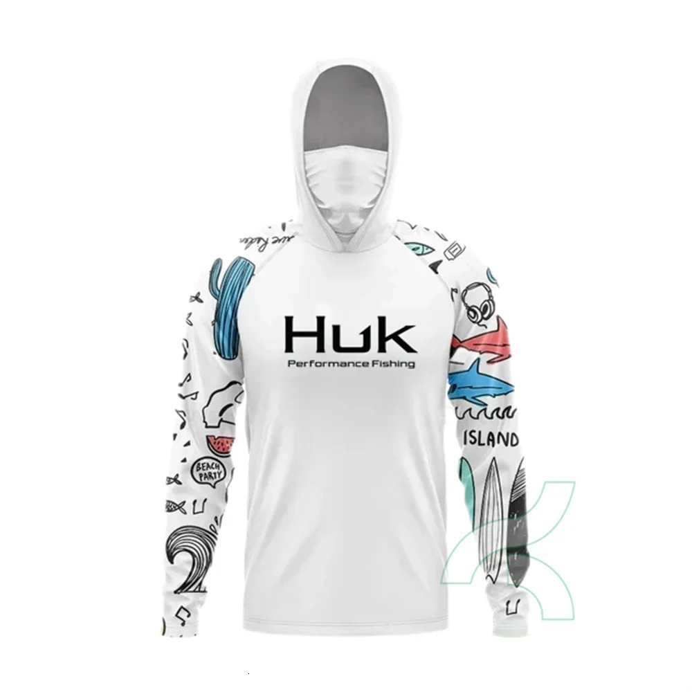 HUK Fishing Shirts Men Sun Protection Hoodie Mask All-in-one Fishing Clothing Ropa Pesca Hunting Camping Angling T-shirt Upf 50 240709