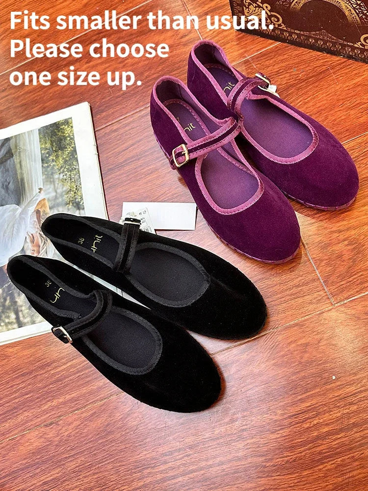 Velvet Mary Jane Shoes for Women Hand Stitch Casual Streetwear Ballet Flats Pumps Female Solid Color Red Cloth Shoes Loafers 240711