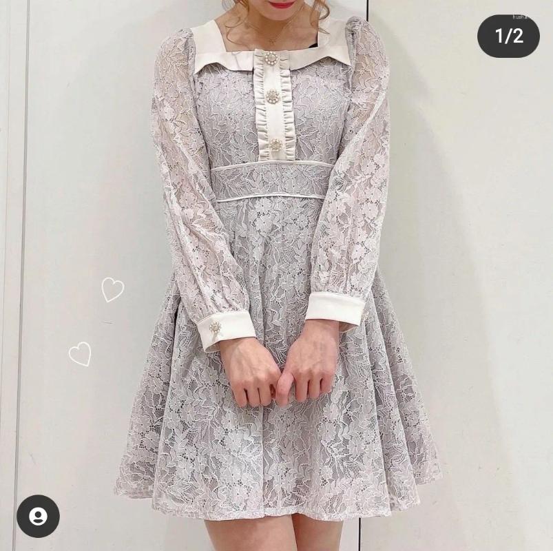 Casual Dresses Japanese French Style Square Collar Drill Bucket Lace Elegant Dress Sweet Cute Female Long Sleeve Waist Trimming Short