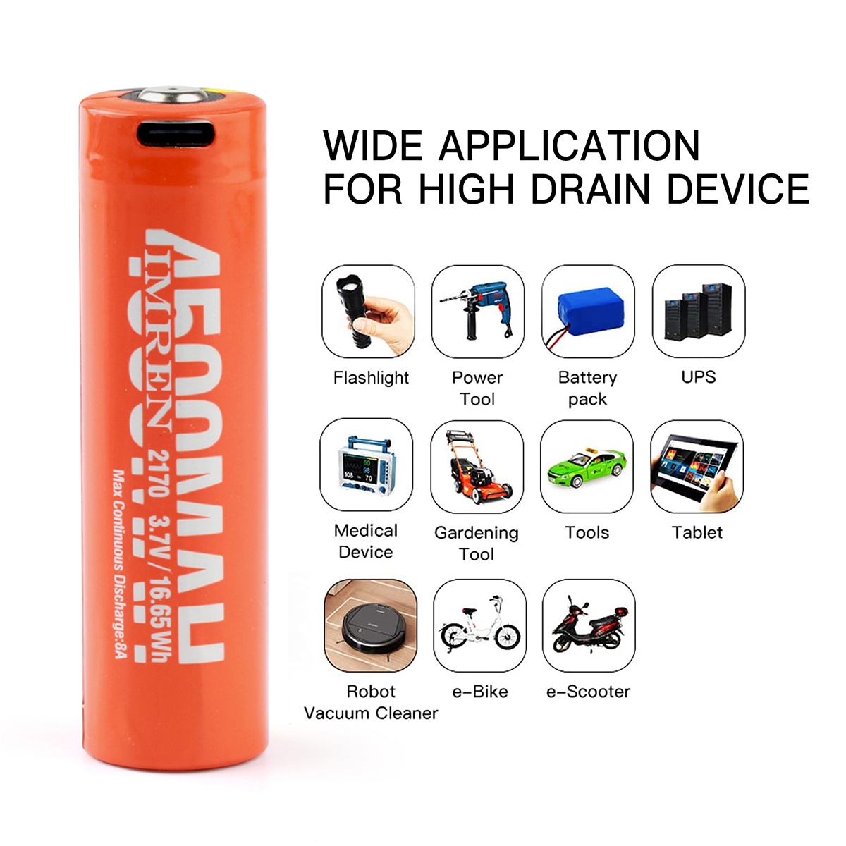 IMREN Original 21700 Battery USB C Batteries Button Top High Quality 4500mAh for Flashlight
