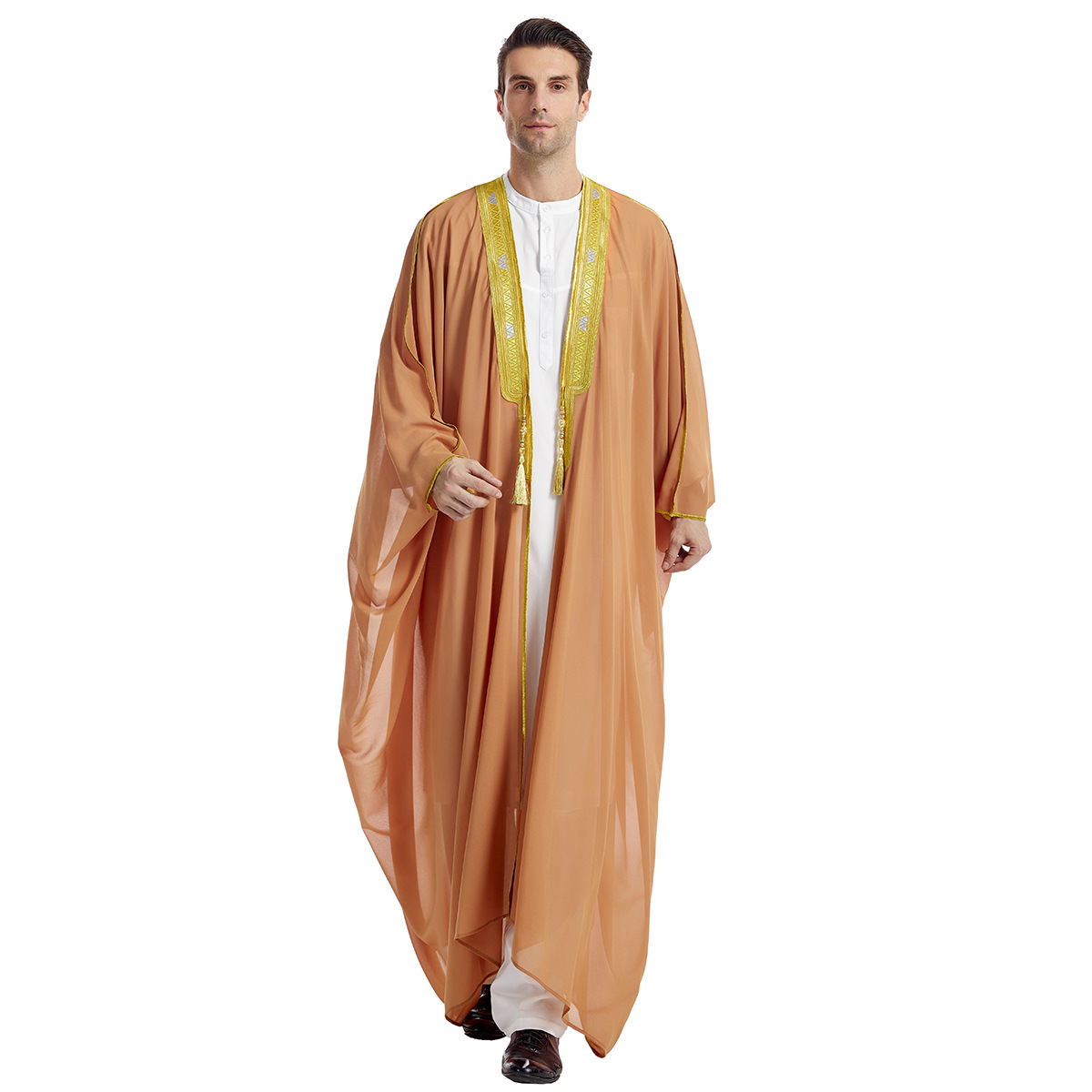 Gold Embroidery White Agbada Men African Traditional Clothes Nigeria Outfit Muslim Chiffon Outer Garment