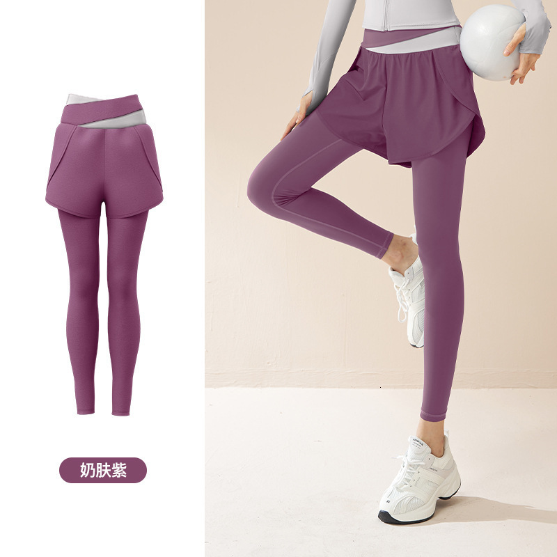 Fake Two-piece Color Blocked Stretch Yoga Pants, Anti Glare Running Sports, High Waist and Abdominal Compression, Nude Fitness Pants for Women Yoga To