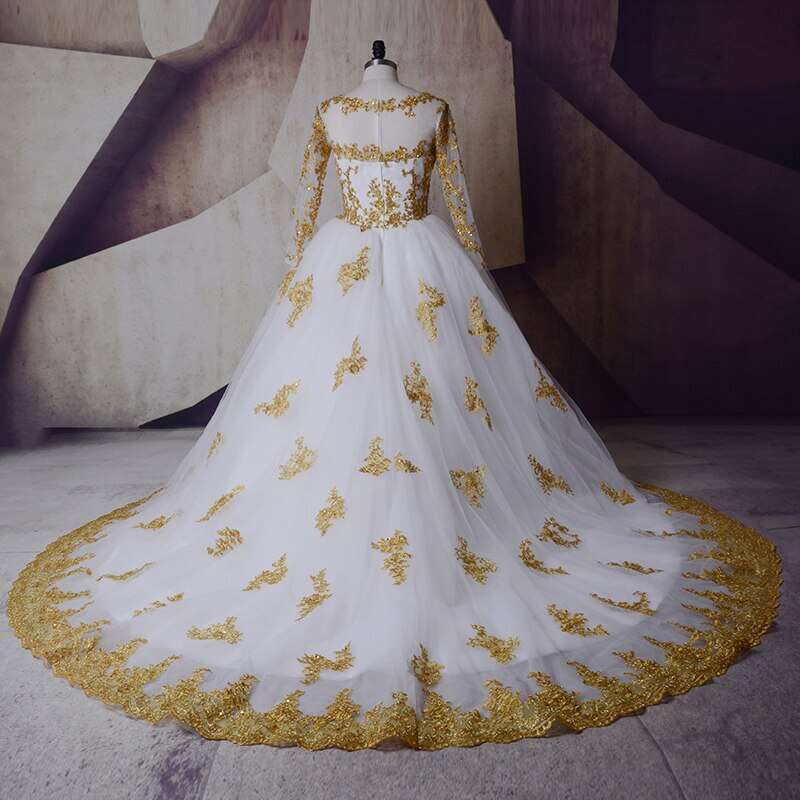 Gold Real Picture A E Wedding Dresses Sequins Applique Long Sleeves Vestidos De Novia Beach Custom Made Chic Bridal Gowns Pplique