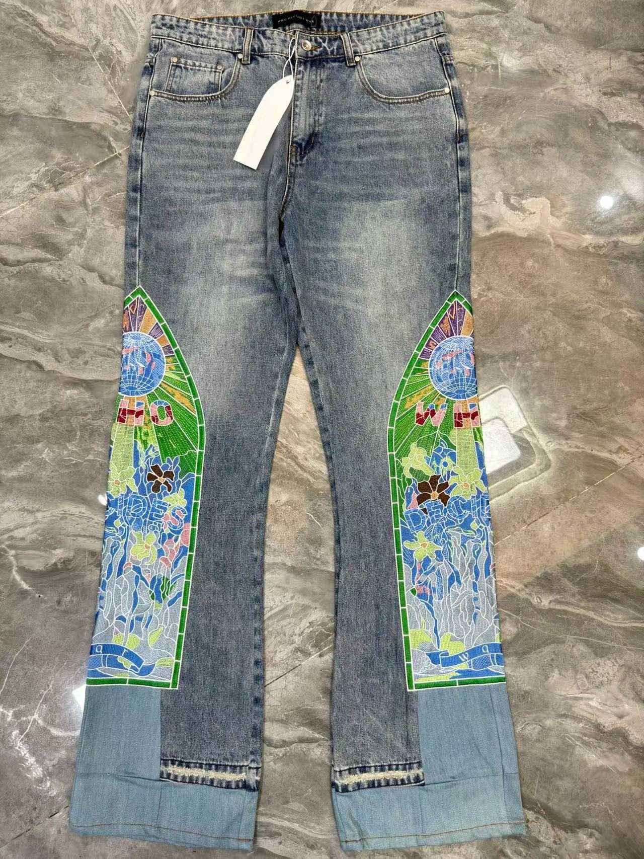 Who Decides War Jeans Mens Designer Pants Y2K Hip Hop Skateboard Trousers WDW SS24 Denims Men Women USA High Street Side Embroidery Multicolor Patched Arch Jogger TB
