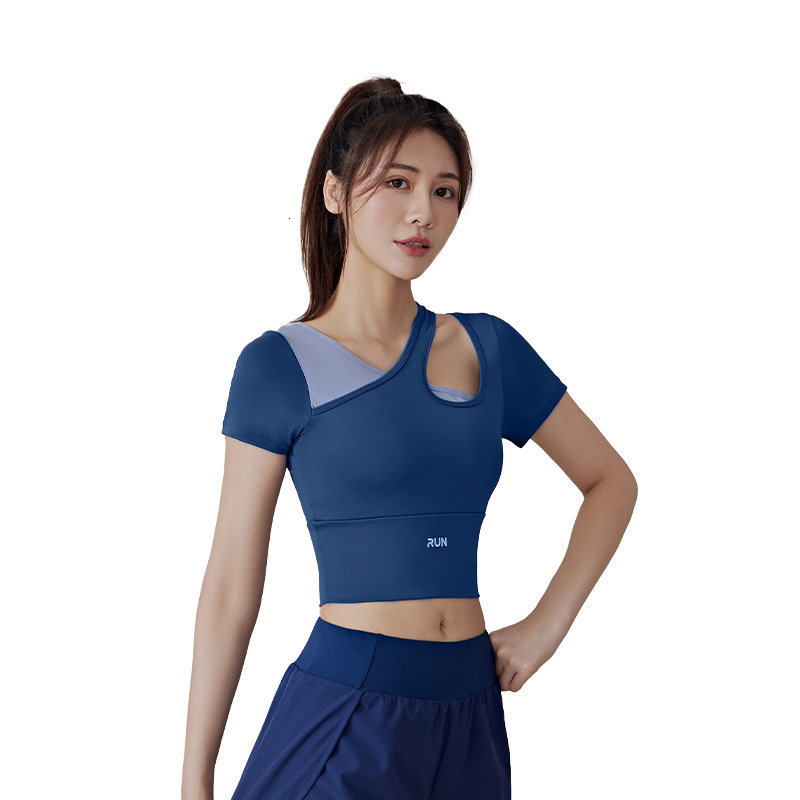 Peach Slant Shoulder Color Blocked Yoga Short Sleeved Fitness with Chest Mat Sports Top for Women Workout Clothe Woman Yoga Clothes Yoga Top