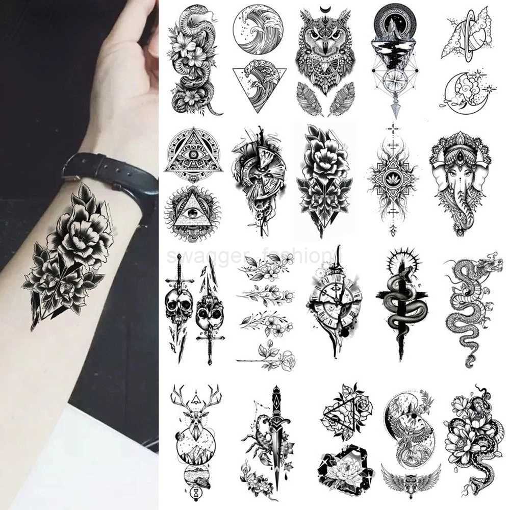Black Rose Temporary Tattoo Sticker Flower Feather Elephant Body Clavicle Ankle Legs Arm Art Fake Tatto Party Bikini TatoosB240712