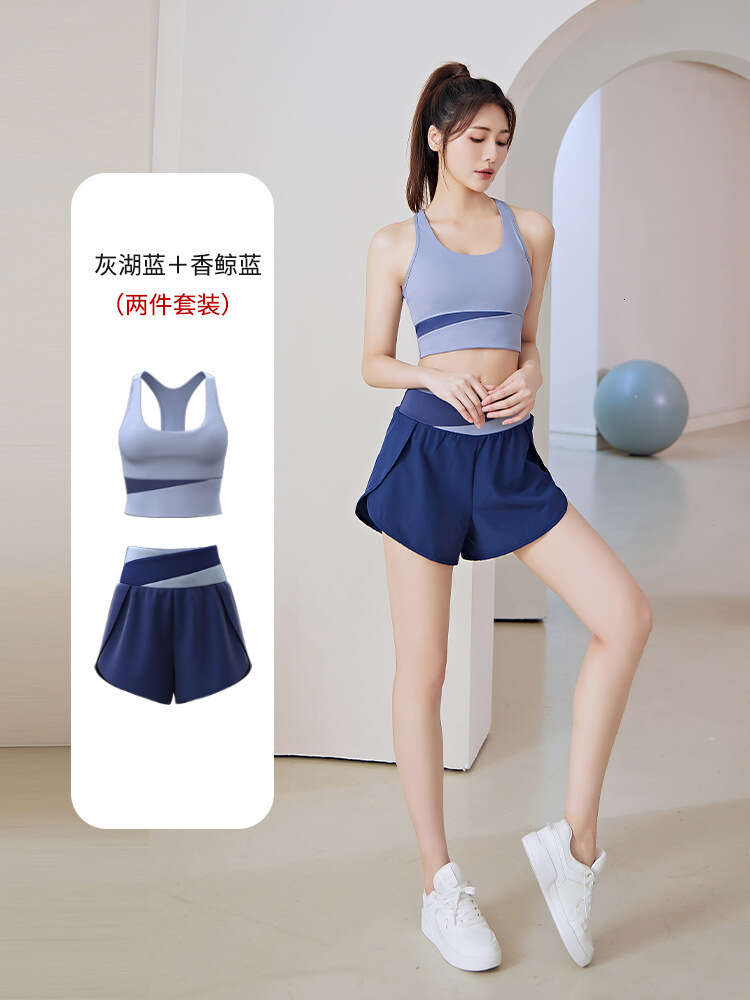 Solid Versatile Color Blocked Anti Light Fake Two-piece Fitness Shorts Nude Yoga Suit Set Novelty Short Yoga Jacket Fitness Clothing Women