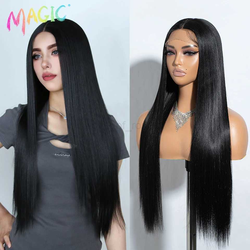 Magic Synthetic Lace Wig 30 Inch Long Straight Wigs Soft Rainbow Colorful Ombre Blonde Ginger Wigs For Black Women Cosplay WigM240712