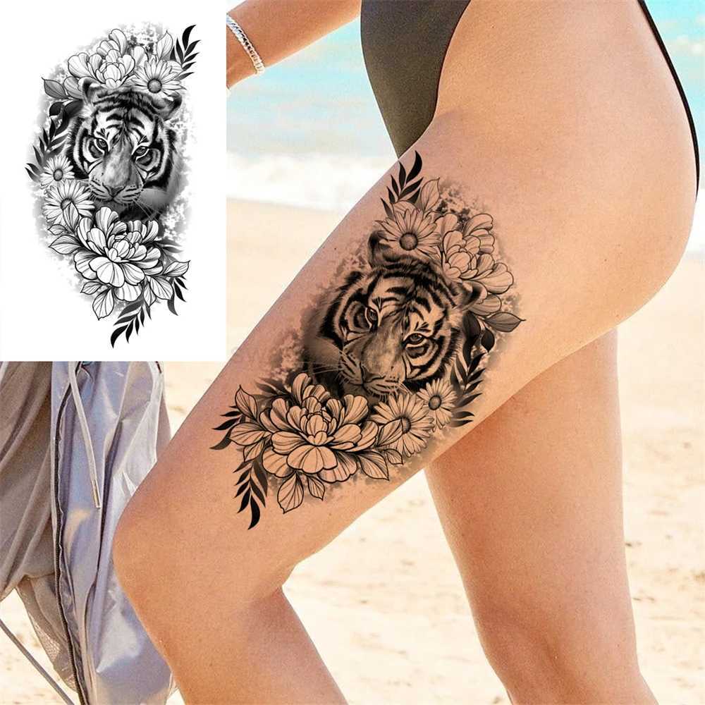 Realistic Fake Peony Temporary Tattoos For Women Girl Black Rose Elephant Flower Tattoo Sticker Tiger Anemone Tatoos Half SleeveB240712