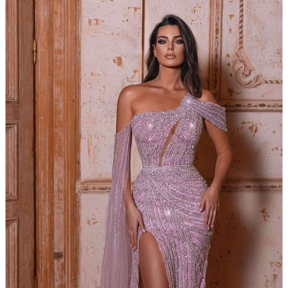 Gorgeous Prom Dresses Sexy High Side Split One Shoulder Applique Lace Mermaid Custom Made Sweep Train Formal Evening Party Gowns