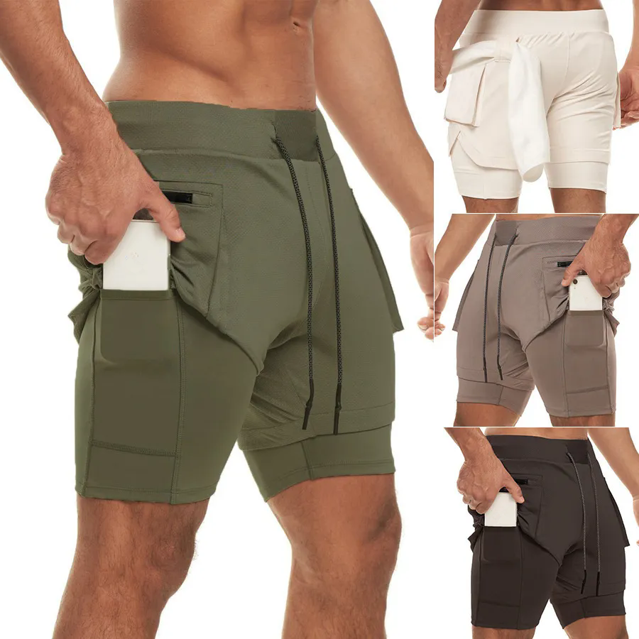 Mens Yoga Sports Shorts Quick Dry Shorts With Pocket Mobile Phone Casual Running Gym Short Jogger Pant With Inner Lining DK49