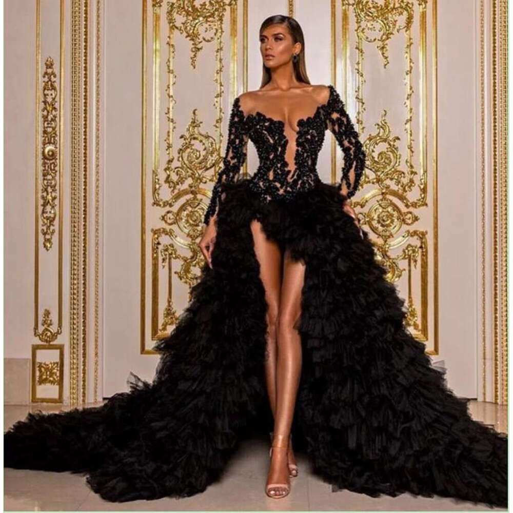 Beaded Black Prom Dresses Sheer Plunging Neck Sequined Side Split Long Sleeves Evening Gowns Tiered Sweep Train Tulle Formal