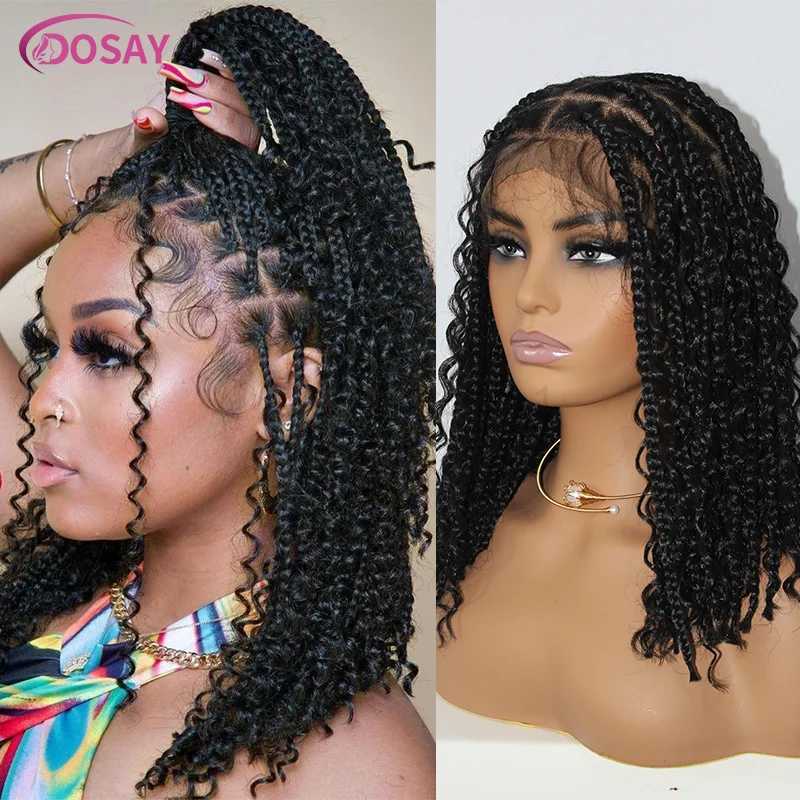 Short 12 Inch Bohemian Curly Braided Full Lace Front Wigs Knotless Box Braid Bob Wig Women Synthetic Locs Goddess Cornrow BraidsM240712