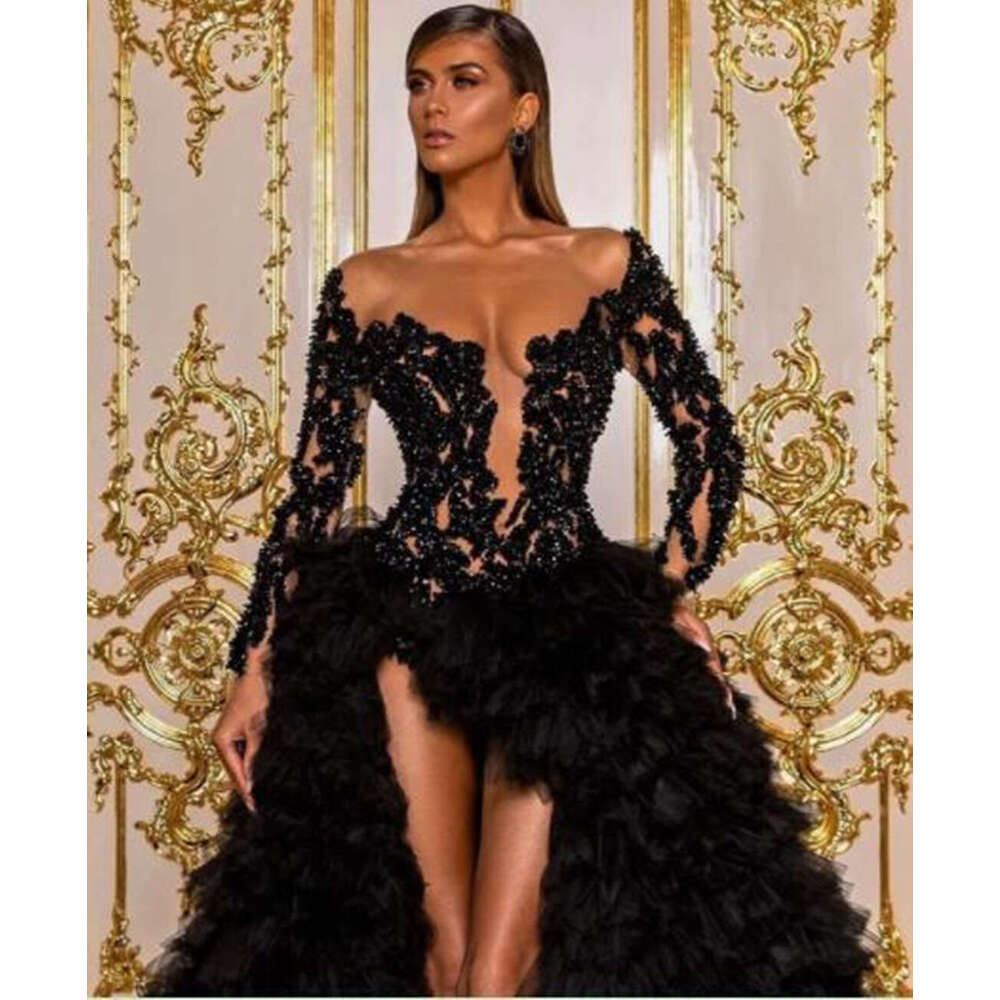 Beaded Black Prom Dresses Sheer Plunging Neck Sequined Side Split Long Sleeves Evening Gowns Tiered Sweep Train Tulle Formal
