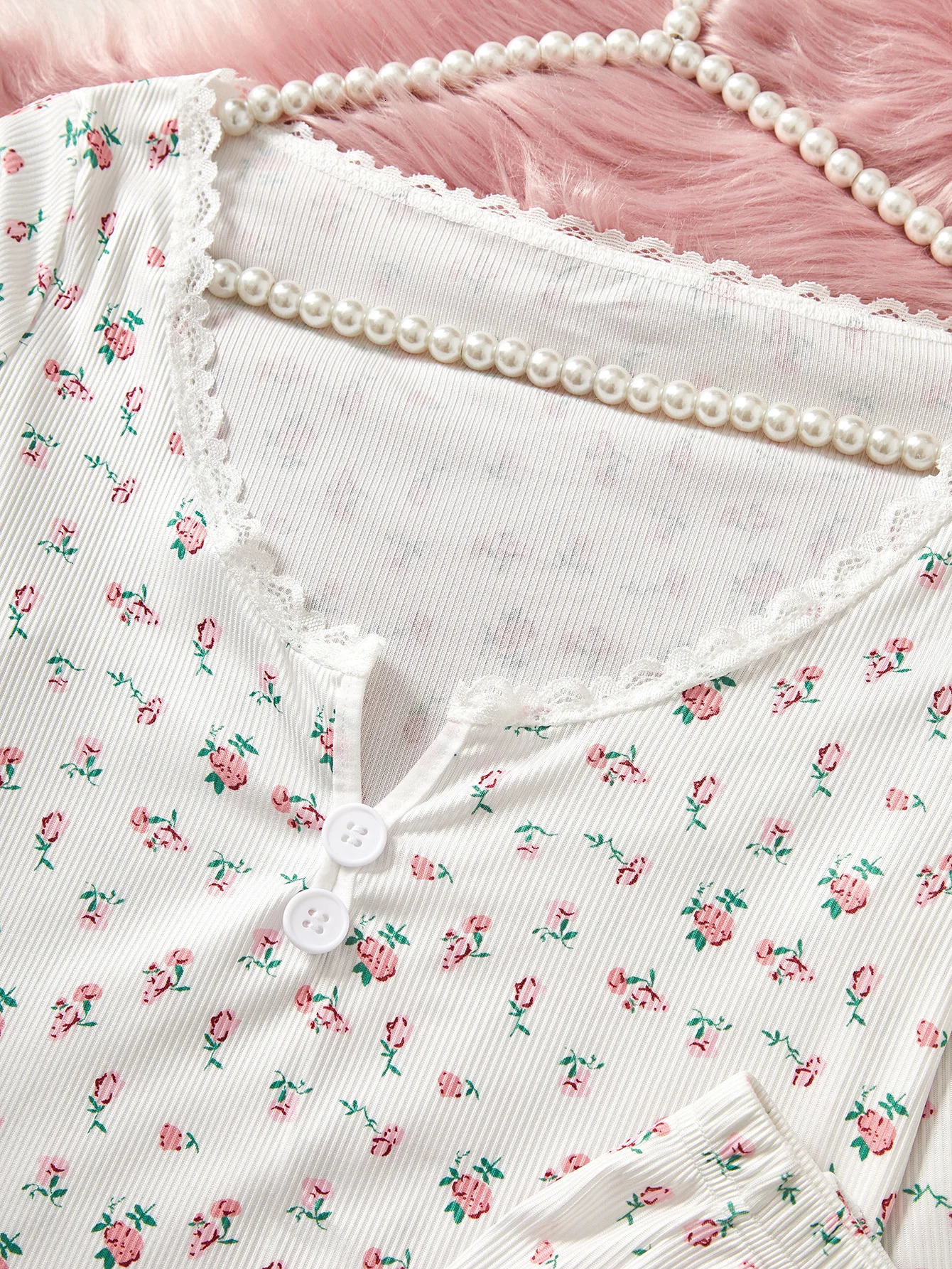 Womens Sleepwear Ditsy Floral Print Lettuce Trim PaJamas Set Elastic Waistband Loungewear Full Sleeve Nightwear 240712