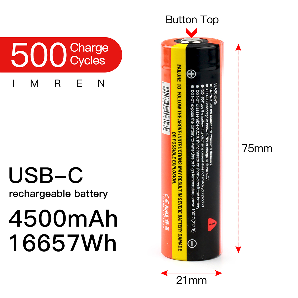 IMREN Original 21700 Battery USB C Batteries Button Top High Quality 4500mAh for Flashlight