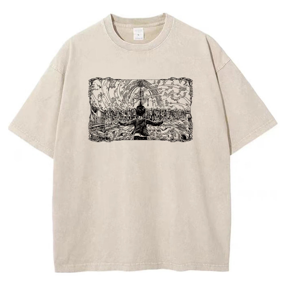 Men Washed Anime Attack On Titan T-Shirt Hip Hop Streetwear Graphic Print Oversize Tshirt Short Sleeve Cotton Loose Vintage Tops 240710