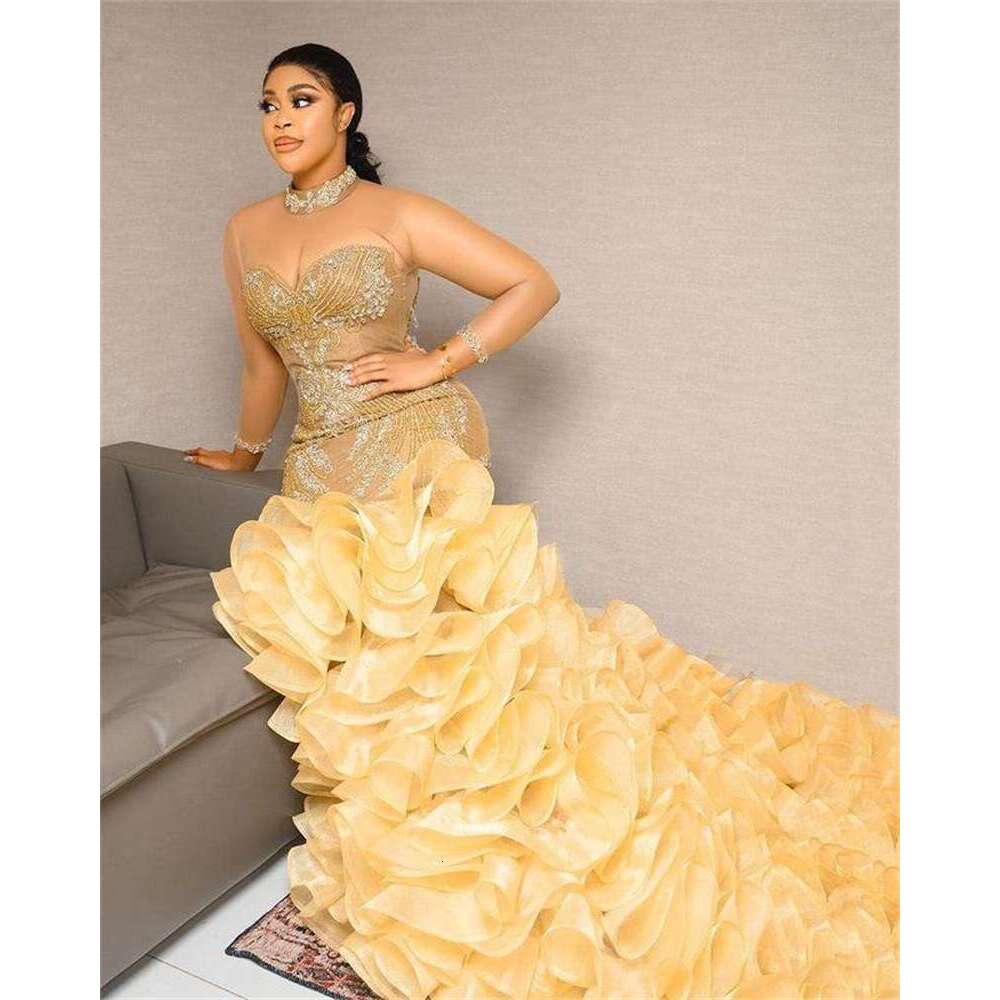 Bright Yellow Mermaid Formal Prom Dresses Beaded Crystals High Neck Sheer Long Sleeves Evening Dress Tiered Party Gown