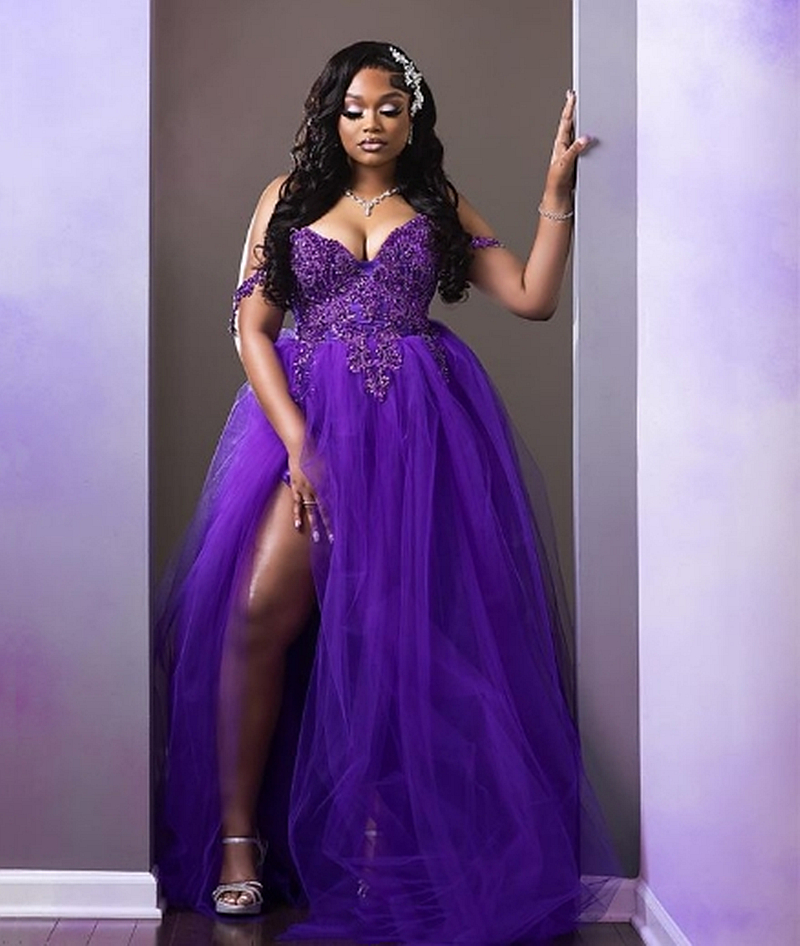 Modern Royal Purple Prom Dresses Side Slit Off Shoulder Straps A-Line Tulle Long Evening Gowns Beaded Lace Appliques Pageant Party Event Dress Special