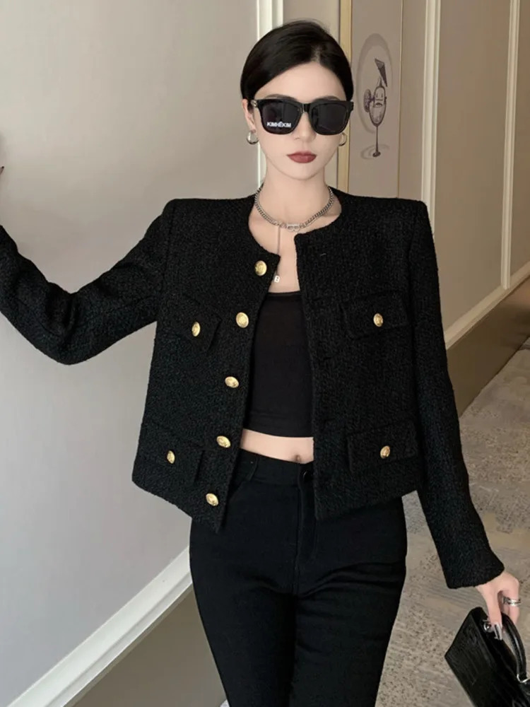 Fall Winter French Vintage Small Fragrant Tweed Jacket Coat Women Elegant Casual Woolen Short Coats Streetwear Outwear Crop Top 240704