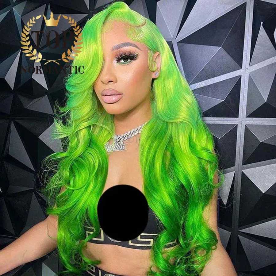 Topnormantic Ombre Bright Green Color Brazilian Hair Wig with Side Part 13x4 Transparent Lace Front Wig 13x6 Glueless Lace WigsM240712