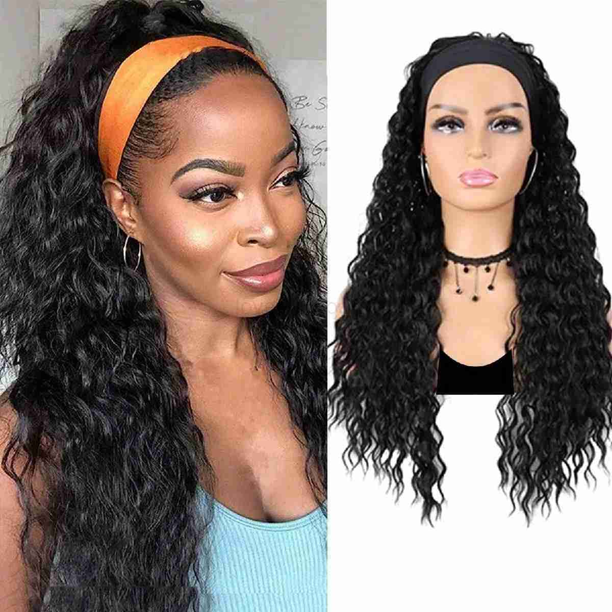 Synthetic Water Wave Headband Wig for Women Glueless Half Wig Curly Wigs with Headbands Attached Natural Black for Daily UseM240712