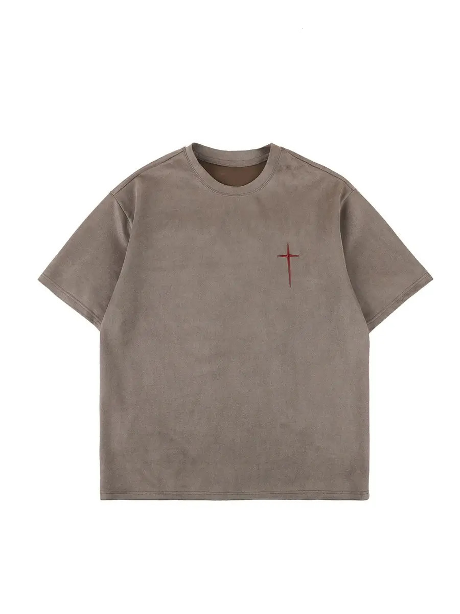 Korean suede letter printed T shirt men street y2k hip hop personality Harajuku Genki retro goth sports half sleeved top 240703