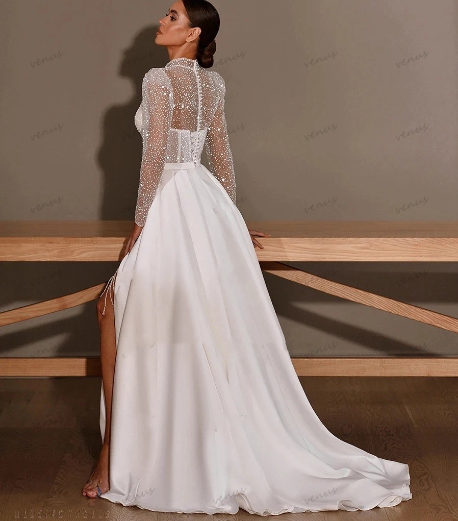 Wedding Dresses Sexy 2024 High Split Top Sequins Sleeves A-Line Satin Bride Dress Bridal Gowns Vestidos De Novia Custom Made