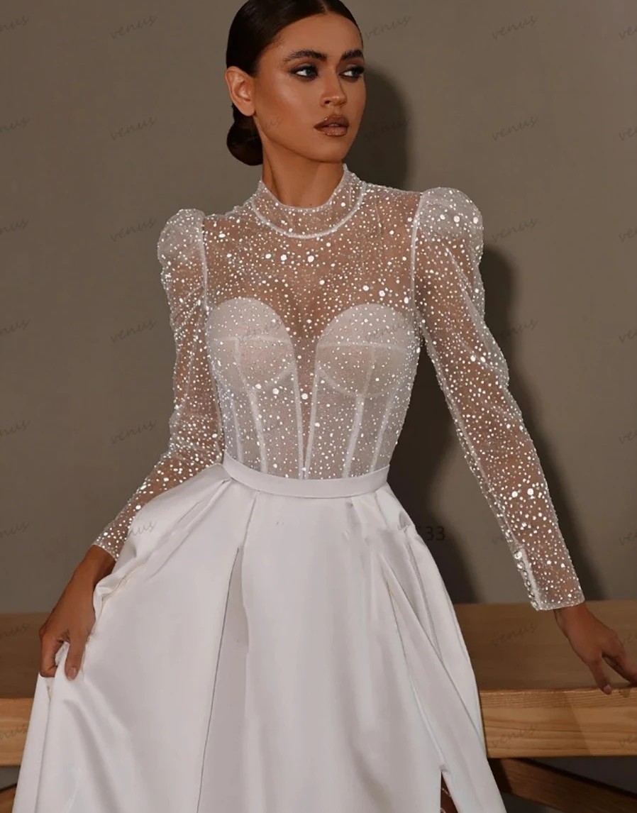 Wedding Dresses Sexy 2024 High Split Top Sequins Sleeves A-Line Satin Bride Dress Bridal Gowns Vestidos De Novia Custom Made