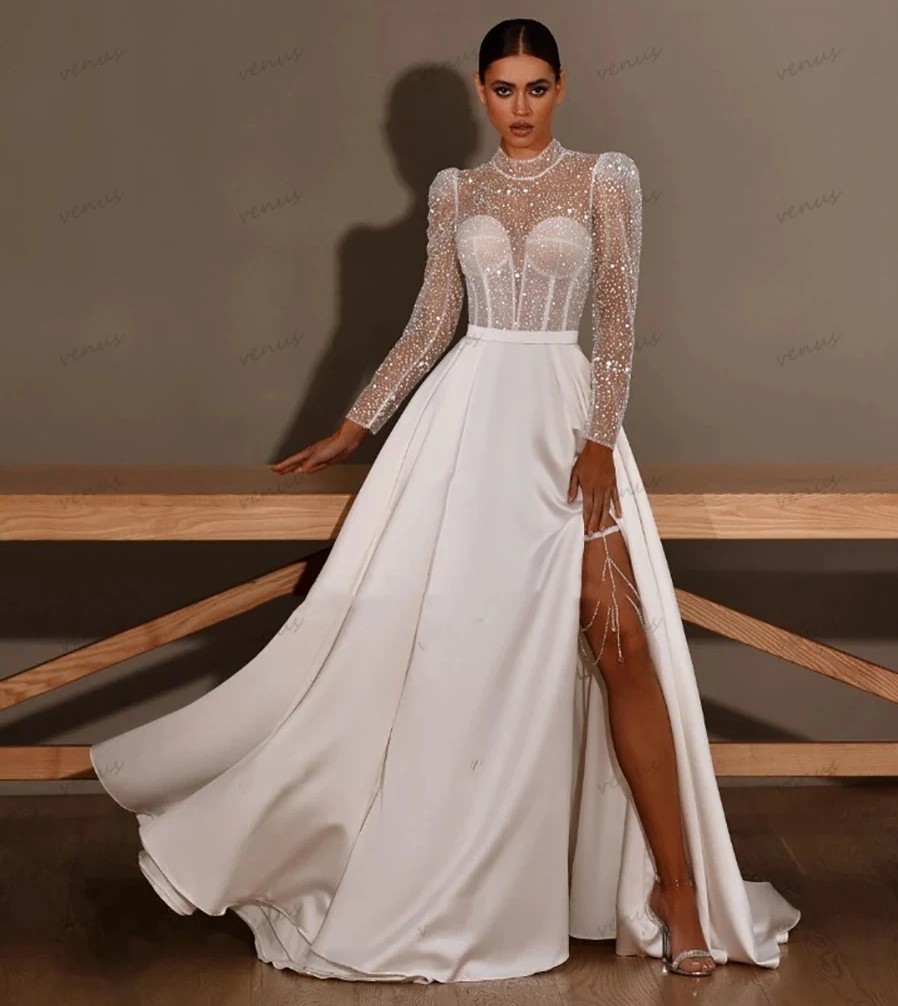 Wedding Dresses Sexy 2024 High Split Top Sequins Sleeves A-Line Satin Bride Dress Bridal Gowns Vestidos De Novia Custom Made