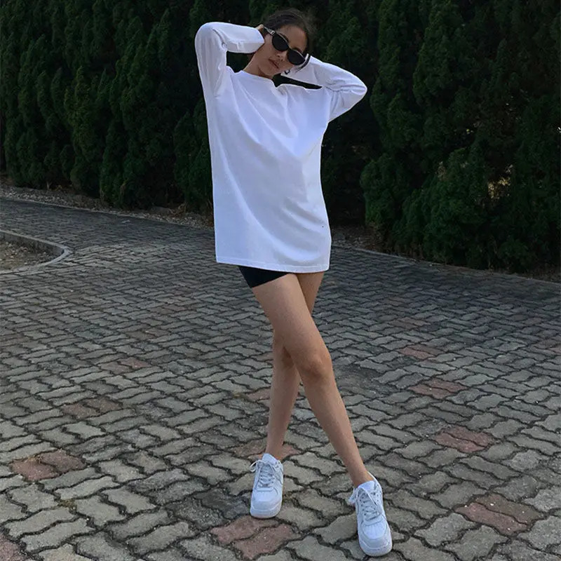 Oversize Split Fork Long Tshirt Women Casual Basic Oneck Sleeve Tee Shirt Autumn Tops 240712