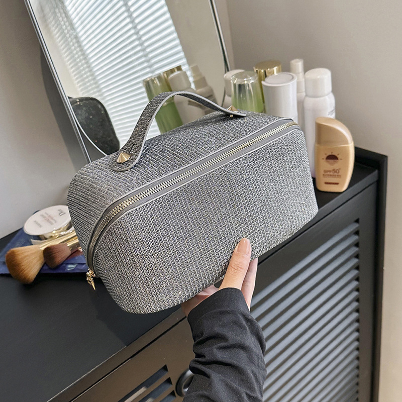 Makeup Bag Large Capacity Cosmetic Bags for WomenWaterproof Portable Pouch Open Flat Toiletry Bag Make up Organizer with Divider and Handle