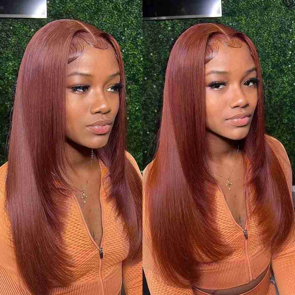 Reddish Brown Straight Lace Front Wigs Layered Cut Wig Glueless Layered Lace Wigs Synthetic Butterfly Haircut Natural HairlineM240712