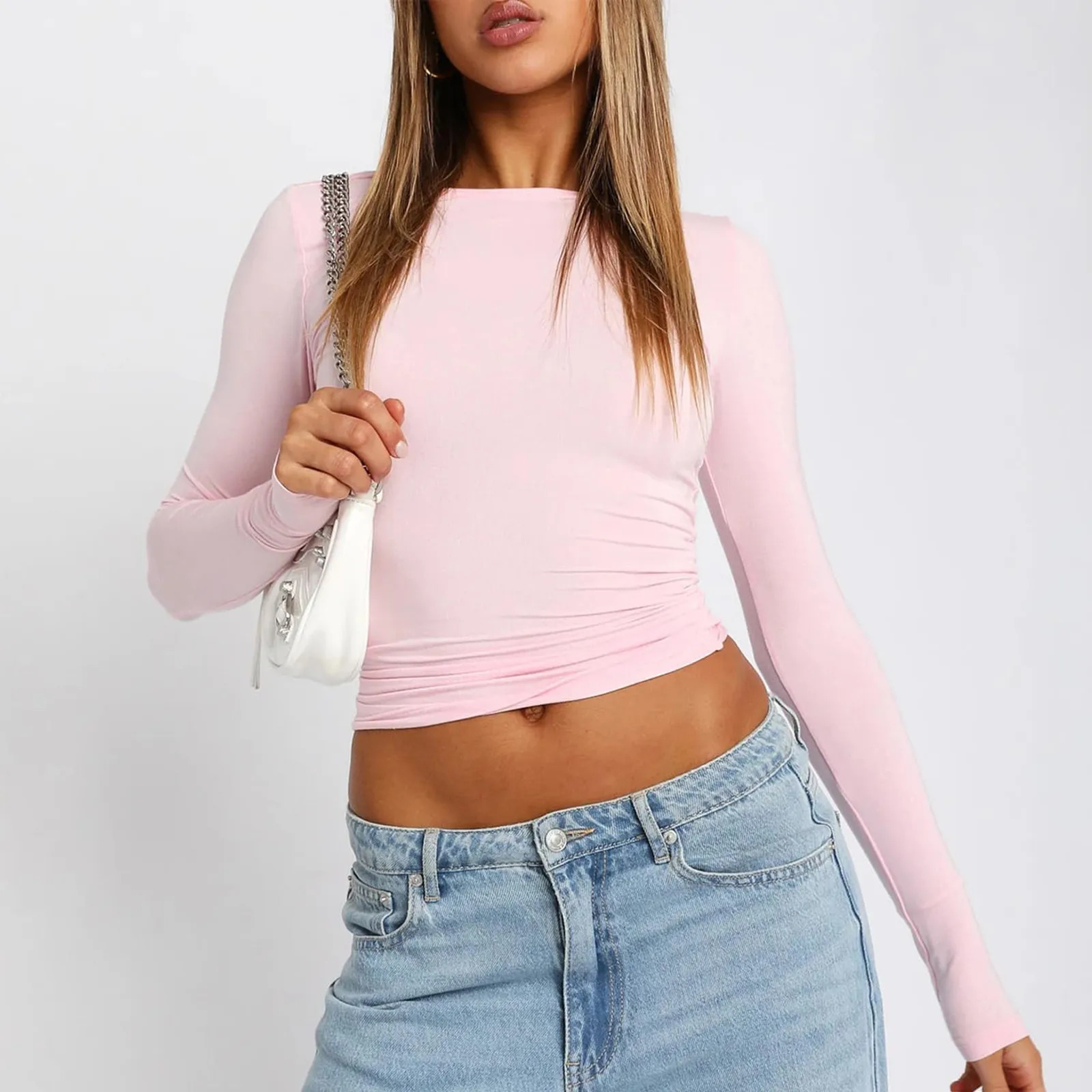 Pink Long Sleeve Tshirt Women Summer Cute White Crop Top Ladies Causal Sexy Slim O Neck Basic Tees Y2k Clothes 240712