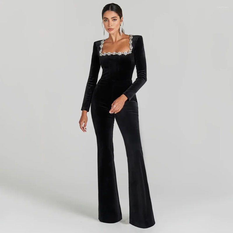 Womens Jumpsuits DEIVE TEGER 2024 Black Bandage Jumpsuit Square Neck Diamond High Waist Wide Leg Elegant Party