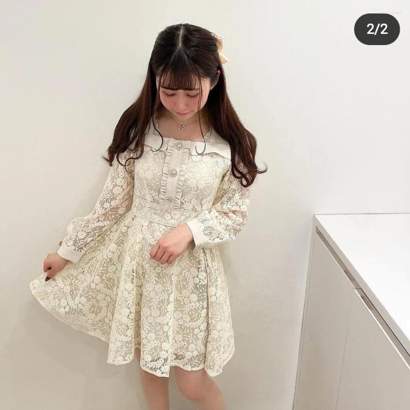 Casual Dresses Japanese French Style Square Collar Drill Bucket Lace Elegant Dress Sweet Cute Female Long Sleeve Waist Trimming Short