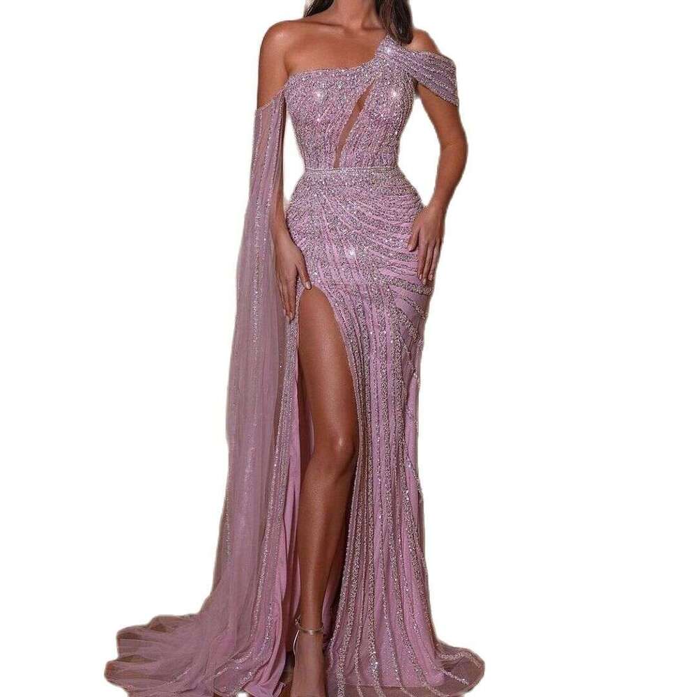 Gorgeous Prom Dresses Sexy High Side Split One Shoulder Applique Lace Mermaid Custom Made Sweep Train Formal Evening Party Gowns