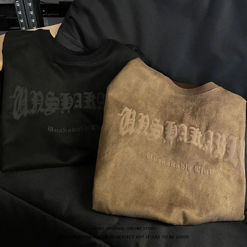 Y2k Top Retro Skull Wings Print Suede Short Sleeved T Shirt Mens Loose Couple All Match Trendy T-shirt Street Style 240703