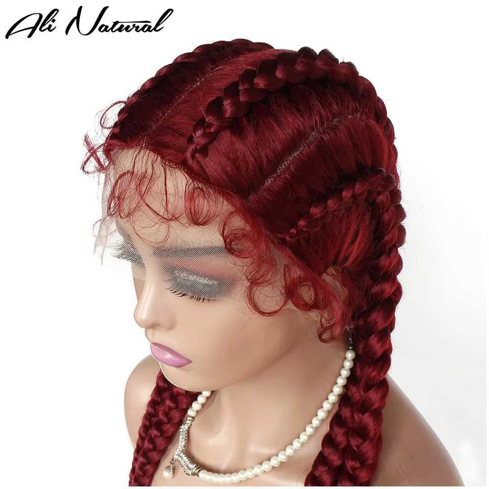 99J Burgundy Red Color 4 Box Braids Lace Wig Full Hand Braided Synthetic Fiber Hair Wig For Afro Black WomenM240712