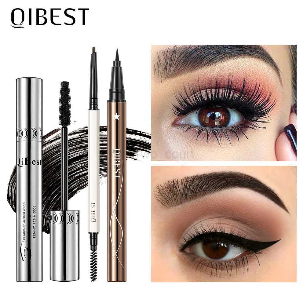 QIBEST 3pcs Eye Makeup Set Waterproof 4D Mascara Ultra Fine Triangle Eyebrow Pencil Fast Dry Liquid Eyeliner Pencil Cosmetic KitM240712