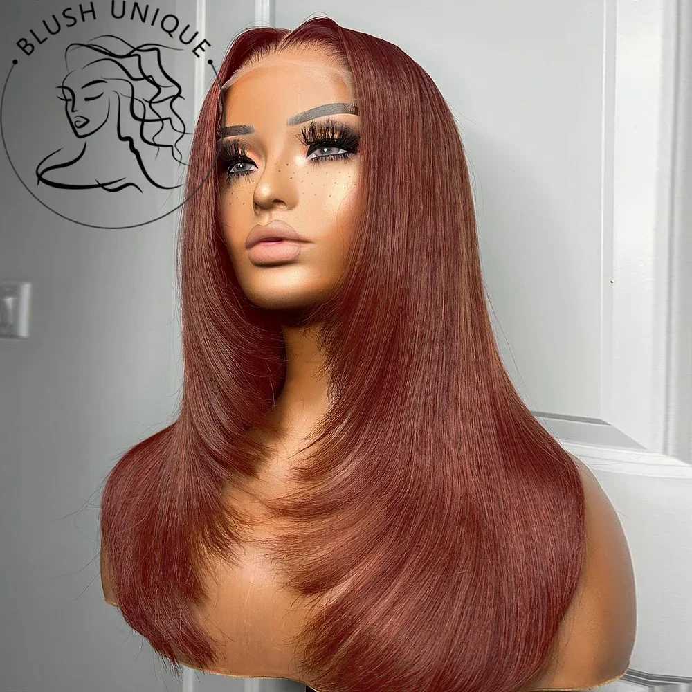 Reddish Brown Straight Lace Front Wigs Layered Cut Wig Glueless Layered Lace Wigs Synthetic Butterfly Haircut Natural HairlineM240712