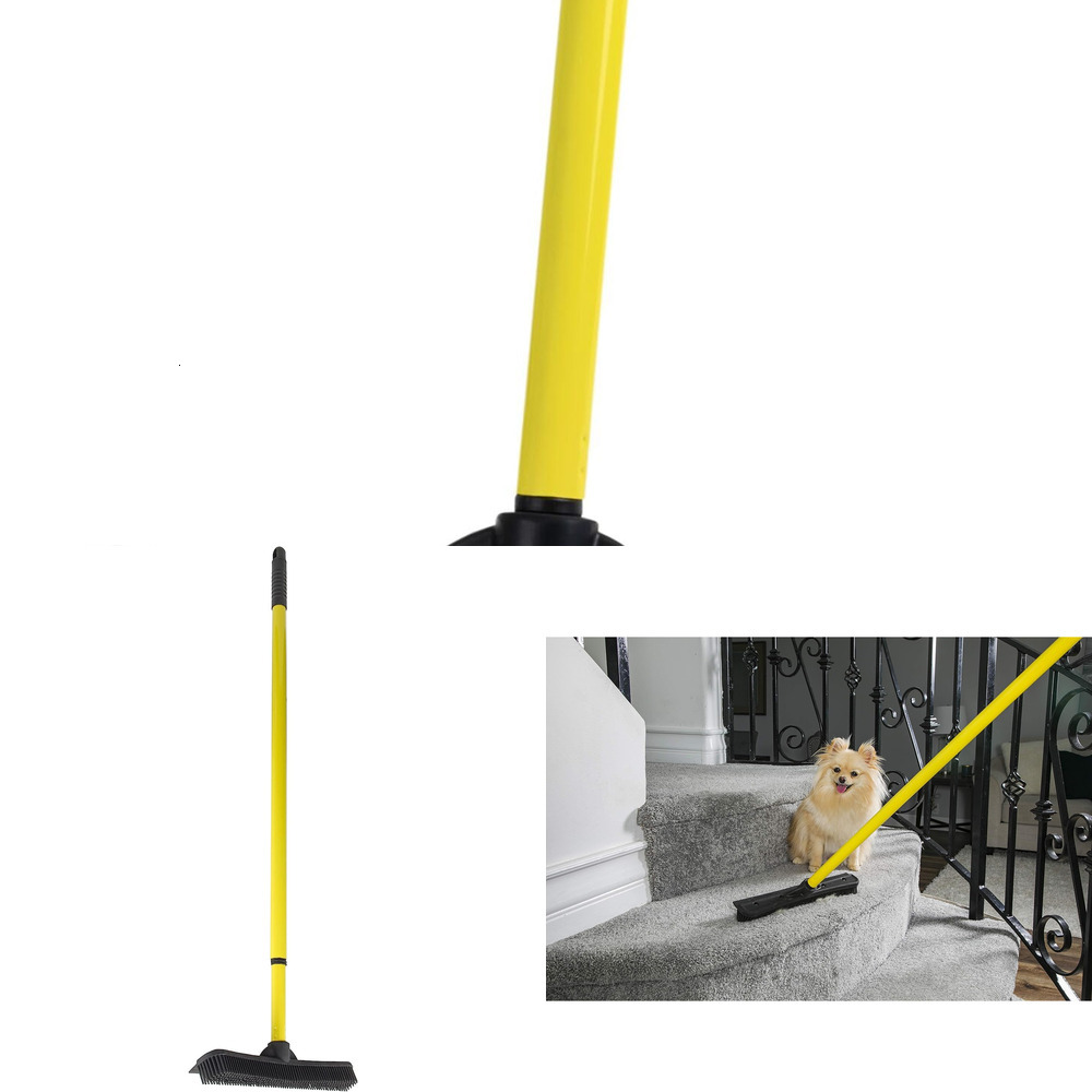 New Original Indoor Pet Hair Rubber Broom With Carpet Rake Squeegee, Black And Yellow