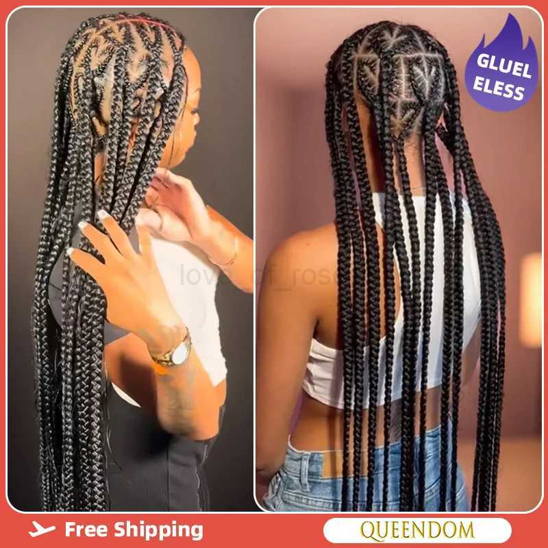 Queendom Synthetic Jumbo Knotless Full Lace Braid Wig 36 Inch Knotless Heart Braided Wig Cornrow Plait Braids Wig for Afro WomenM240712