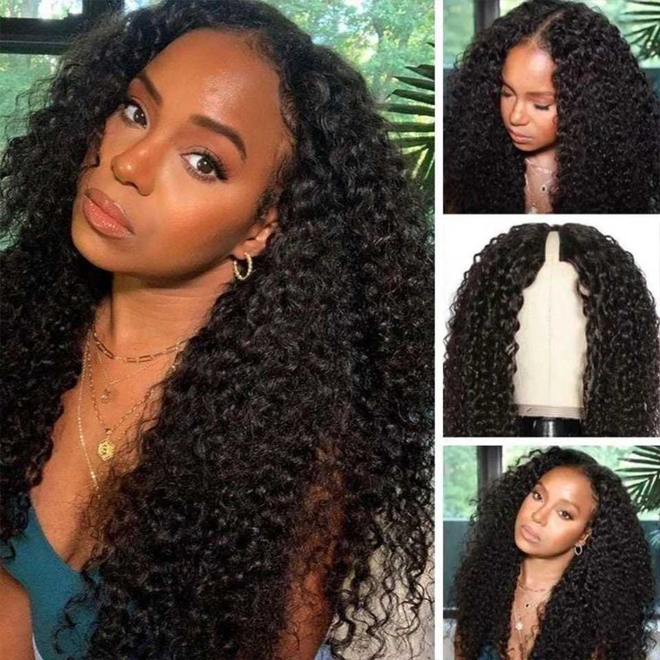 Cheap U Part Wigs Jerry Curly Brazilian Hair Wigs Natural Black Deep Wave Glueless V Part Wigs 180% Density WholesaleM240712