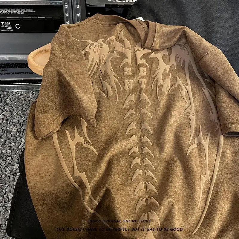 Y2k Top Retro Skull Wings Print Suede Short Sleeved T Shirt Mens Loose Couple All Match Trendy T-shirt Street Style 240703