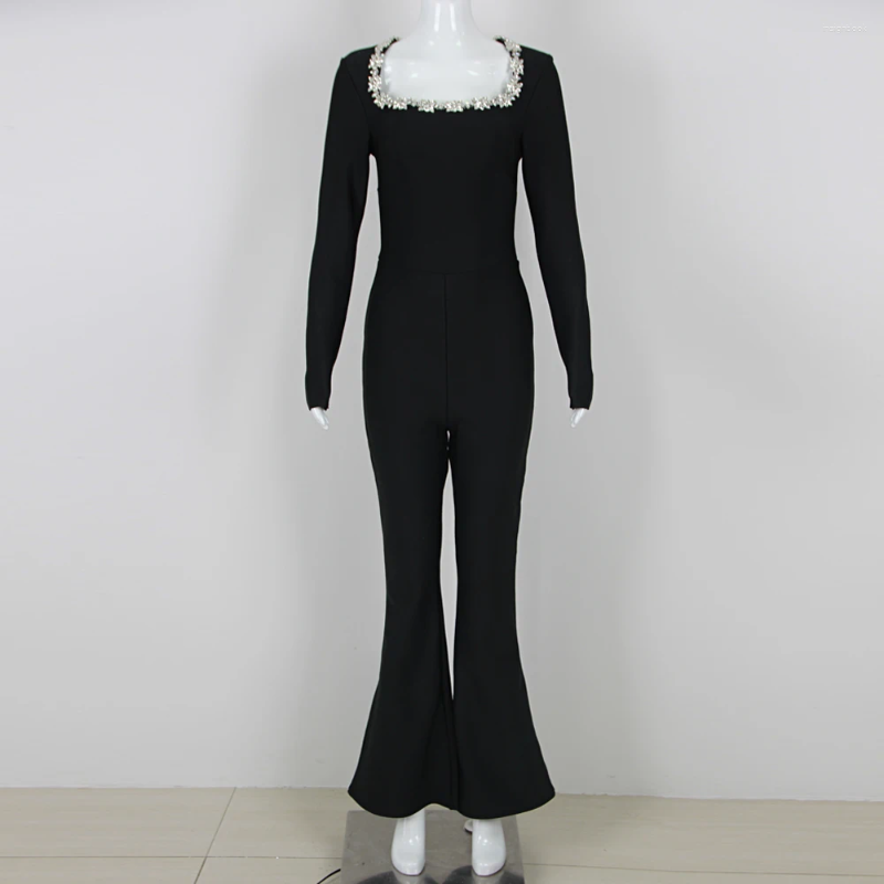 Womens Jumpsuits DEIVE TEGER 2024 Black Bandage Jumpsuit Square Neck Diamond High Waist Wide Leg Elegant Party