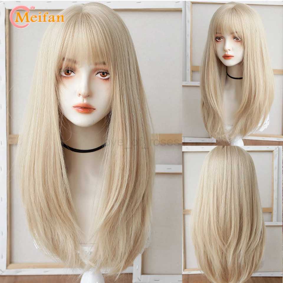 MEIFAN Synthetic Long Straight Lolita Wig with Bangs Wig Girl Cute Ombre Pink Blonde Black Cosplay Party Halloween Harajuku WigM240712
