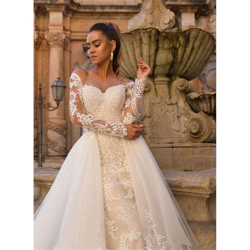 Sexy Mermaid Special Dresses With Detachable Train Bridal Gowns Sweetheart Long Sleeves Lace Appliques Tulle Overskirts Marriage 6660311