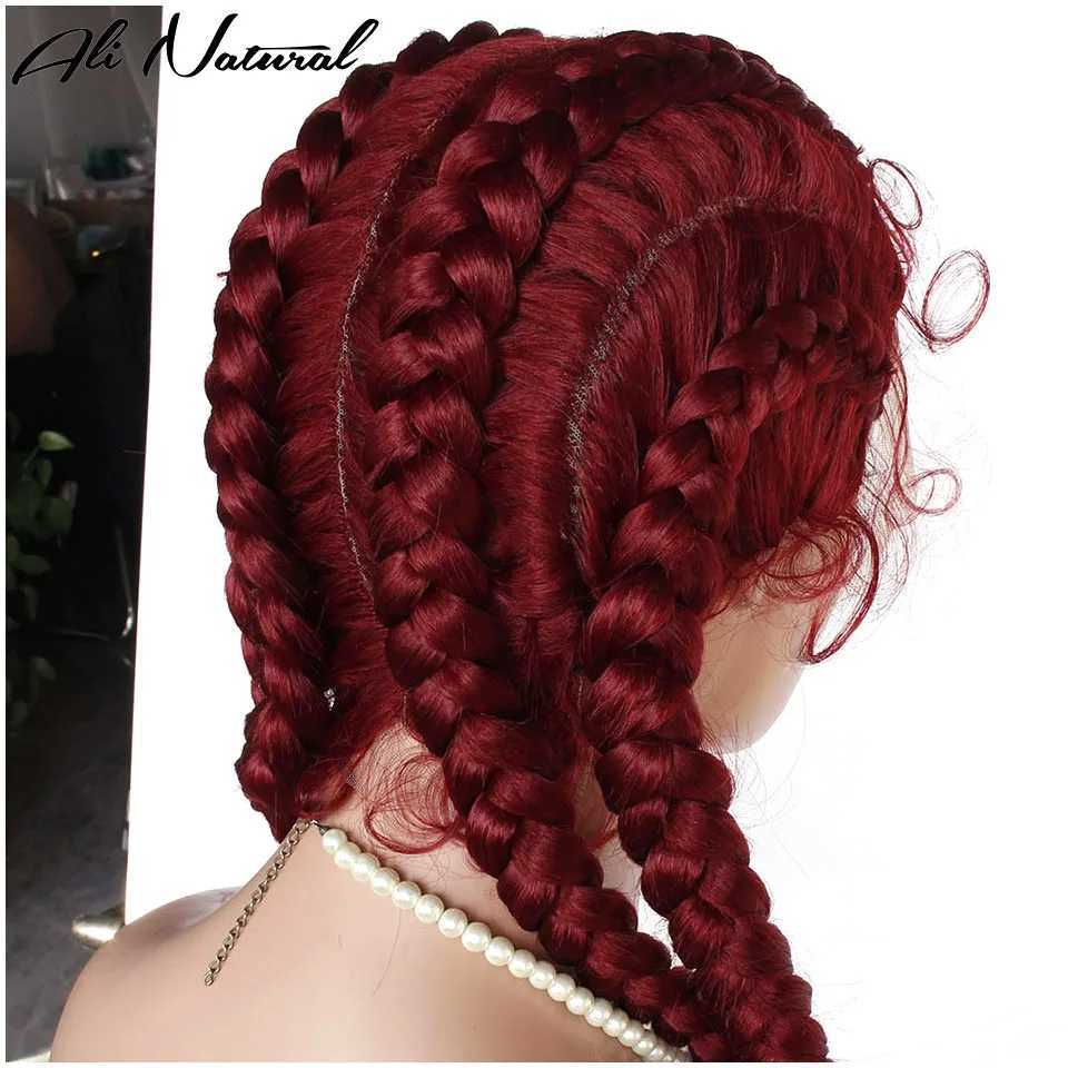 99J Burgundy Red Color 4 Box Braids Lace Wig Full Hand Braided Synthetic Fiber Hair Wig For Afro Black WomenM240712