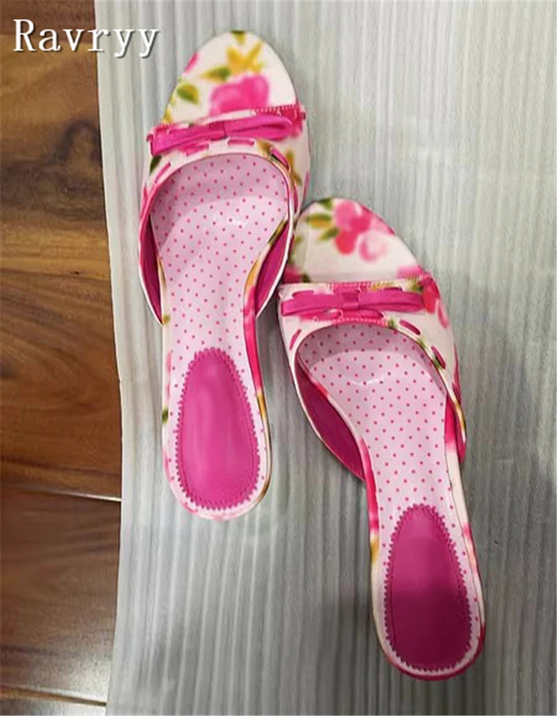 Sweet Pink Butterfly Knot Slippers Women Summer Open Toe Kitten Heels Sandals Girls Dress Party Casual Shoes 240712